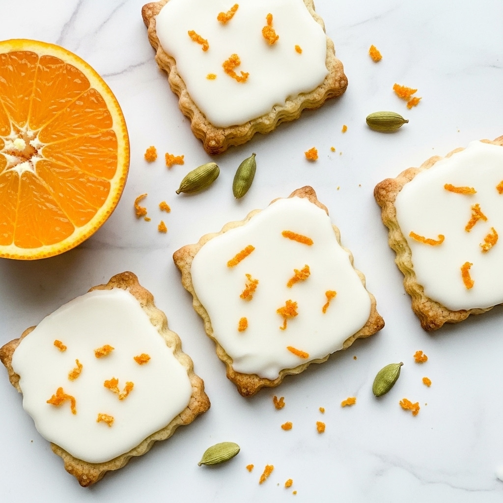 Three square cookies lie flat on a white marbled surface, each topped with a smooth, thick layer of white icing that covers the entire top side. Small, bright orange zest pieces are scattered evenly across the icing on each cookie. The cookies have a light golden brown base visible around the edges, with slightly wavy sides. Around the cookies, there are a few whole cardamom pods and more small orange zest pieces scattered lightly. On the left side of the image, a halved bright orange sits with its juicy, textured inside clearly visible. The photo taken with an iphone --ar 4:5 --v 7