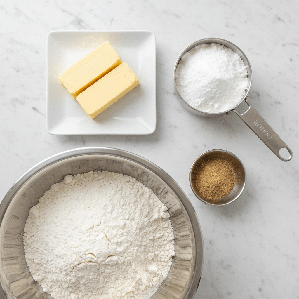 The image shows four different baking ingredients set on a white marbled surface. On the left, there is a white rectangular plate holding two sticks of light yellow butter, placed side by side. To the right of the plate, there is a metal measuring cup filled with pure white confectioner's sugar, showing a powdery texture. Below it, a small round metal bowl contains a light brown powder of ground cardamom. On the bottom left, there is a larger round metal bowl filled with white all-purpose flour, showing a smooth, fine texture. The ingredients are neatly arranged with labels for each, creating an organized and clean look. Photo taken with an iphone --ar 4:5 --v 7