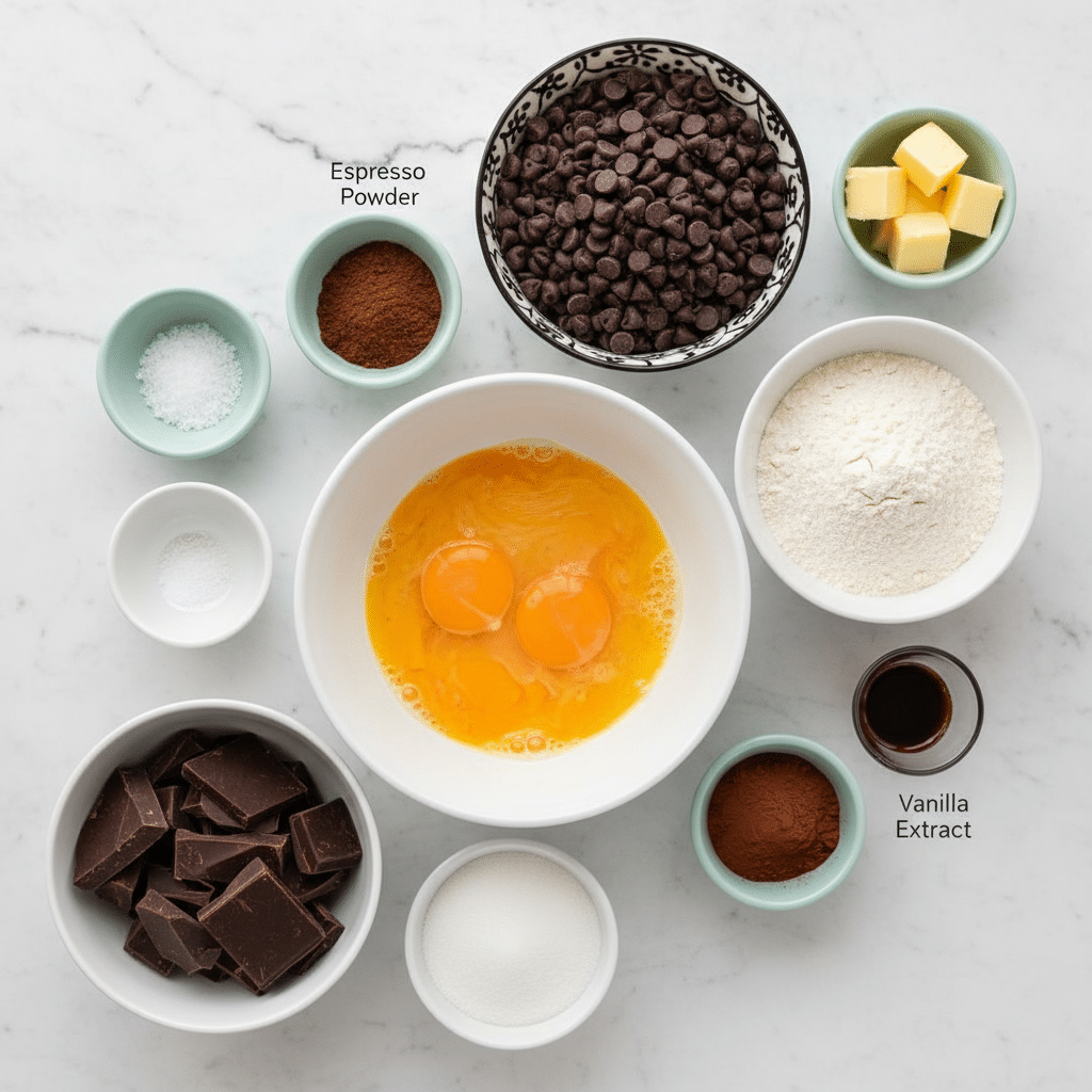 The image shows several bowls of ingredients arranged neatly on a white marbled surface. From left to right, there is a white bowl filled with broken semi-sweet chocolate pieces, next to it a small white bowl with granulated sugar. Above these, three small light blue bowls hold salt, espresso powder, and cocoa powder. A larger white bowl in the center contains two whisked eggs with a yellow-orange color. To the right of the eggs is a white bowl with white all-purpose flour, and a tiny clear cup with dark vanilla extract. Lastly, a small light blue bowl holds chunks of pale salted butter. Above the flour bowl, there is a black and white patterned bowl filled with dark chocolate chips. The colors range from dark browns and blacks of the chocolate to the bright white of the flour and sugar, with the eggs adding a splash of warm yellow. The overall layout is clean and organized, all components clearly visible. photo taken with an iphone --ar 4:5 --v 7