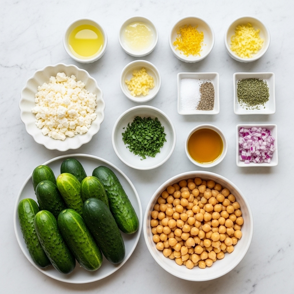 The image shows a top-down view of various ingredients arranged neatly on a white marbled surface. There are eleven white bowls and plates holding different items: the largest bowl at the bottom right is filled with light brown chickpeas, and to its left is a white bowl with a group of nine fresh, dark green cucumbers. Above the cucumbers, a scalloped bowl holds crumbly white cheese. In the center, a small white bowl contains finely chopped green herbs. Next to it, small dishes hold light yellow lemon juice, pale yellow minced garlic, pale yellow lemon zest, dark green dried herbs, white salt with black pepper, golden olive oil, a deep amber liquid, and finely chopped red onions. The composition is clean and bright, emphasizing the natural colors and textures of the food, photo taken with an iphone --ar 4:5 --v 7