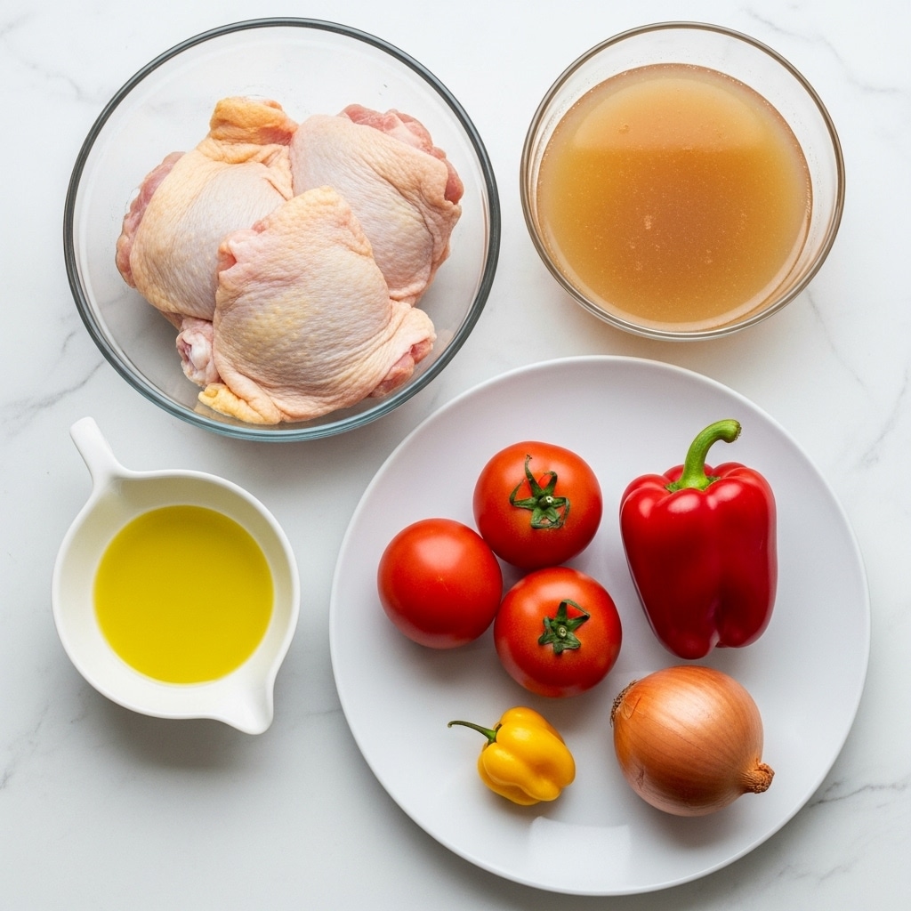 The image shows five bowls and a white plate arranged on a white marbled surface. In the top left, a clear glass bowl contains raw chicken thighs with skin, showing a light pink and yellow color. To the right, a smaller clear glass bowl holds light brown chicken stock. On the bottom left, a small white bowl with a spout has bright yellow olive oil. The larger white plate on the bottom right has three red tomatoes, a dark red bell pepper to their right, a small round yellow habanero pepper near the tomatoes, and a whole brown onion on the lower edge of the plate. Each item is clearly visible with a clean, fresh look. Photo taken with an iphone --ar 4:5 --v 7