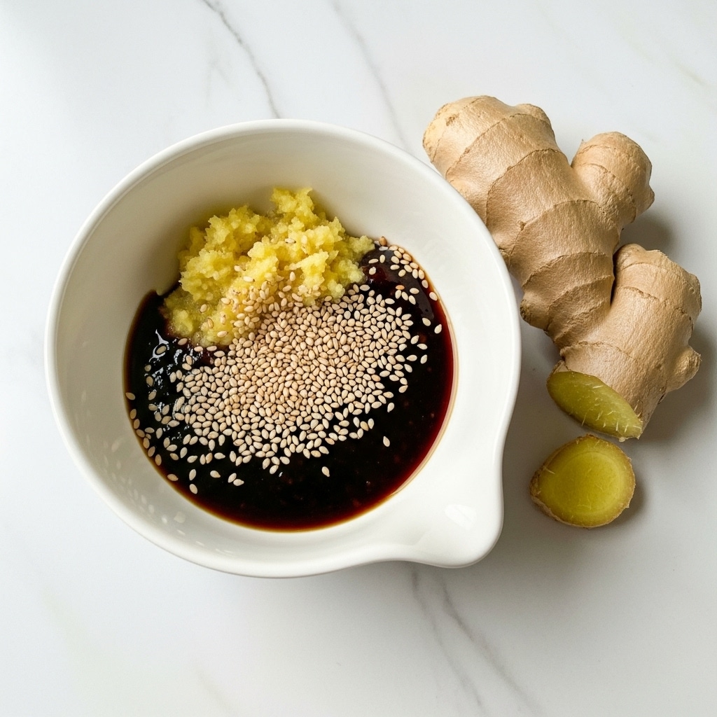 A white bowl with a small pouring spout sits on a white marbled surface, holding a mixture in three layers: at the bottom, a dark brown sauce covers most of the bowl base; on top of this sauce, a light yellow grated ginger paste clusters on one side; scattered across the brown sauce and ginger are many small, off-white sesame seeds. Next to the bowl on the surface is a large piece of fresh ginger root with a small jagged piece broken off in front of it. Photo taken with an iphone --ar 4:5 --v 7