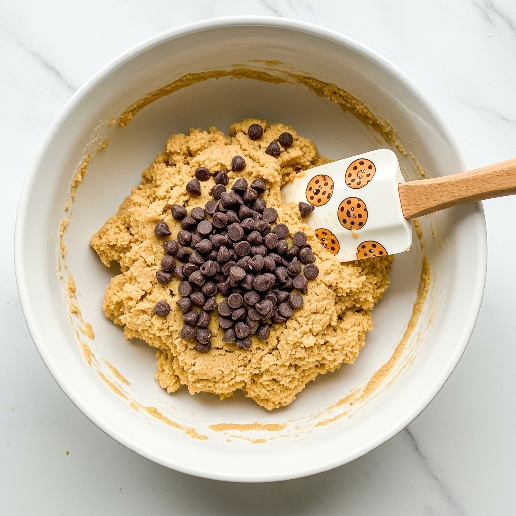 A white bowl with cookie dough that is light brown and crumbly, with a pile of small dark brown chocolate chips on top in the middle. A spatula with a wooden handle and a white blade decorated with cartoon cookies is resting in the bowl, partly touching the dough and chips. The bowl sits on a white marbled surface. Photo taken with an iphone --ar 4:5 --v 7