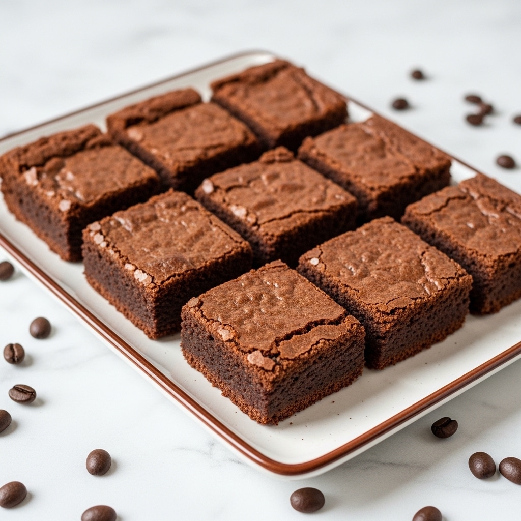 Nine square pieces of brownies are placed neatly on a white rectangular plate with a brown rim. Each brownie has a slightly cracked, shiny brown top layer showing a thin crust texture. The brownies are thick with a dark chocolate color and look rich and dense. The plate sits on a white marbled surface with scattered coffee beans around it. Photo taken with an iphone --ar 4:5 --v 7