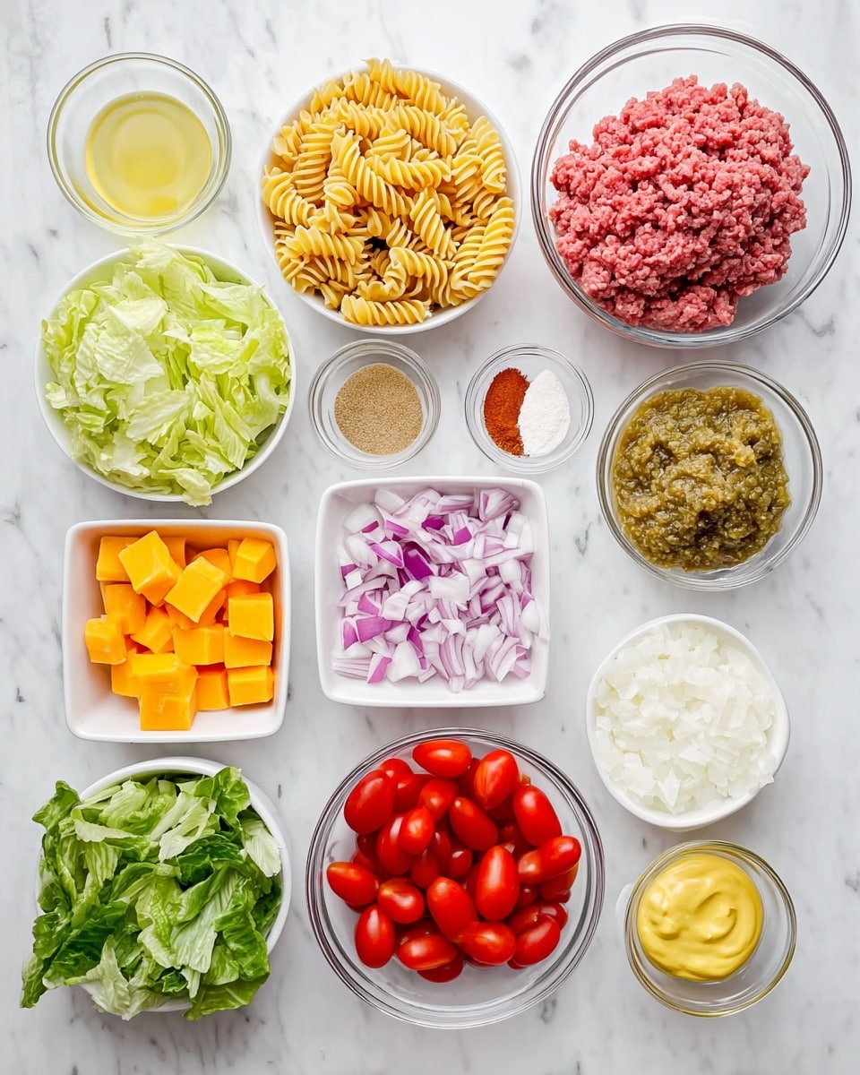 The image shows various ingredients arranged neatly on a white marbled surface. In the top right, there is a clear glass bowl filled with raw ground meat showing a mix of red and pink tones. Below it, another clear glass bowl contains cooked spiral pasta with a pale yellow color. Moving to the left, a small white bowl holds bright orange cubed cheddar cheese, while next to it, a white bowl is filled with fresh green leafy lettuce. Above the lettuce, a white bowl contains chopped purple and white onions. Next to the onions, a white square bowl is filled with halved bright red cherry tomatoes. Above the tomatoes is a smaller white bowl holding relish, a mix of greenish and brown colors with bits of red, and beside it, a white bowl with smooth yellow mustard. On the top left, a larger white bowl holds chopped pickle pieces in light green. To the left of the pickles is a white plate with three powdered spices in light beige and bright red colors. Below this plate, a small bowl contains a creamy white mixture, and next to it is a small white bowl with a clear pale yellow liquid. The colors and textures of each ingredient are clear and vibrant. photo taken with an iphone --ar 4:5 --v 7