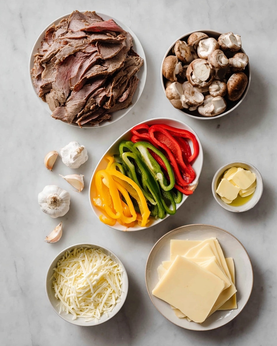 The image shows five white dishes on a white marbled surface, each holding different food items: the top dish has many thin brown slices of roast meat layered close together; below it, a dish holds long red, yellow, and green sliced bell peppers mixed evenly; to the right, a bowl contains sliced brown mushrooms, showing both whole and halved pieces; below the peppers, a plate with several light yellow round slices of cheese stacked in a small pile; and finally, a bowl at the bottom is filled with shredded white cheese. Nearby are three garlic cloves and a small brown onion. A small white bowl with three yellow pats of butter is also present. Photo taken with an iphone --ar 4:5 --v 7