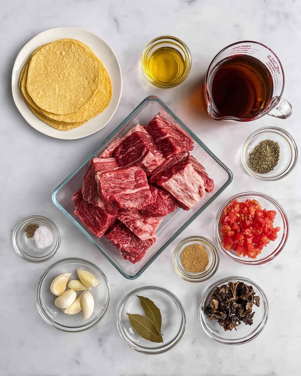 The image shows a top-down view of various raw ingredients neatly arranged on a white marbled surface. In the center, there is a glass container holding several thick cuts of red raw beef with white marbling. Surrounding the beef, there are small clear glass bowls each containing different ingredients: three peeled garlic cloves, a light golden liquid, green dried herbs, bright red diced tomatoes, white onion chunks, dried dark chilies and mushrooms, ground spices with a bay leaf, a light yellow liquid, and a tiny bowl of salt and black pepper. At the top left, there is a small stack of yellow corn tortillas on a white plate, and to the right, a glass measuring cup filled with a dark brown liquid. The presentation is clean and organized, emphasizing the freshness and variety of the ingredients. photo taken with an iphone --ar 4:5 --v 7