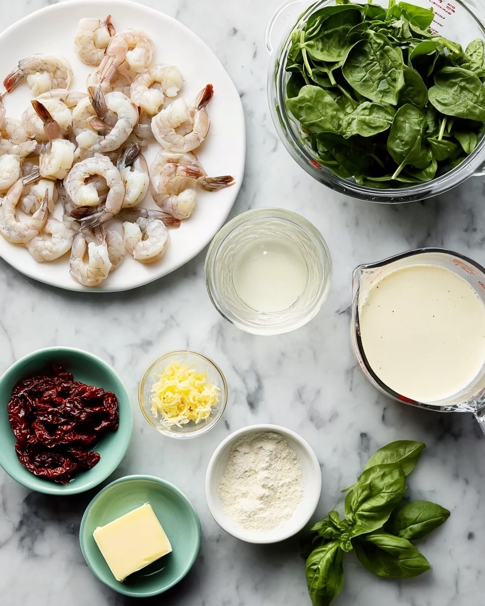 A top-down view of various ingredients arranged neatly on a white marbled surface. In the top left, a white plate holds many peeled shrimp with tails on, showing off a pale pink and white color. To the right, a clear measuring cup filled with fresh green spinach leaves sits nearby. Below, a small white bowl contains a small amount of pale liquid, while a small mint green bowl holds dark red sun-dried tomatoes. Another clear measuring cup filled with a creamy white liquid is beside them. Several small white bowls are scattered around: one with a light yellow cube of butter, one with minced yellow garlic, one with green blurry herbs, and a fourth with fine white powder. Fresh green basil leaves lie on the surface on the lower right corner. The photo is taken with an iphone --ar 4:5 --v 7