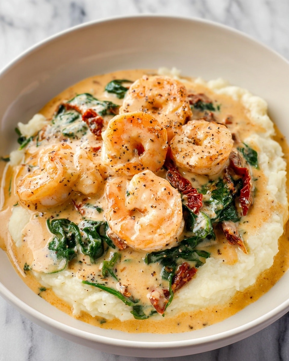 The dish shows four large pink shrimp on top, coated with a creamy light orange sauce with visible black pepper specks. Below the shrimp, there are dark green leafy spinach pieces mixed into the sauce and some reddish pieces that look like sun-dried tomatoes. The base is a thick layer of creamy mashed potatoes with a soft, smooth texture. All this is served in a white bowl on a white marbled surface. Photo taken with an iphone --ar 4:5 --v 7