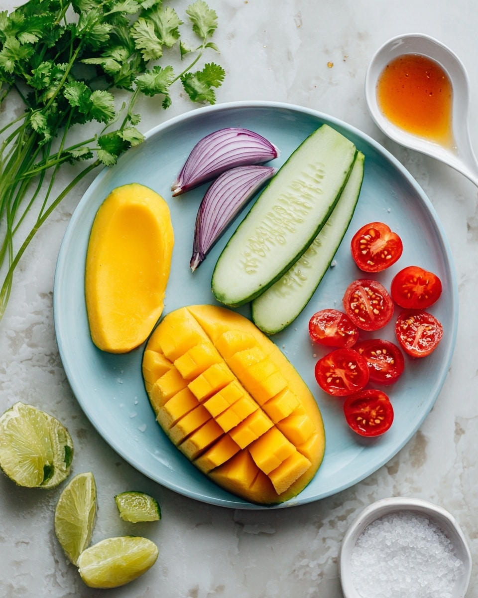 A light blue plate holds six main items arranged neatly: a large half mango with a bright yellow, grid-cut flesh at the bottom left, two halves of a purple shallot placed side by side above the mango, a thick cucumber slice with a pale green color and visible seeds to the right of the shallots, and five bright red cherry tomato halves grouped near the cucumber on the right side of the plate. Around the plate on a white marbled surface are lime wedges, fresh green cilantro leaves at the top left, a white spoon with amber-colored honey or syrup near the top right, and a small white dish with coarse white salt to the top right of the plate. Photo taken with an iphone --ar 4:5 --v 7