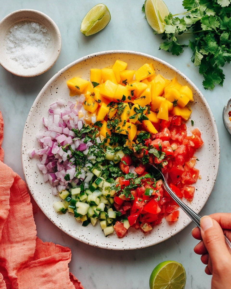 A white speckled plate holds a fresh salsa made of five visible layers from left to right: finely chopped light purple shallots in the top left, bright yellow diced mango pieces below the shallots, small chopped green cucumber cubes mixed with red tomato pieces in the middle right, and chopped red tomatoes at the bottom right. The salsa is sprinkled with finely chopped green cilantro spread evenly on top. A woman's hand holds a spoon stirring the salsa near the right edge of the plate. Around the plate on a white marbled surface are two lime wedges, fresh cilantro leaves, a white spoon with a drizzle of sauce, and a small white bowl of coarse salt. A coral-colored cloth peeks from under the plate on the bottom left. Photo taken with an iphone --ar 4:5 --v 7