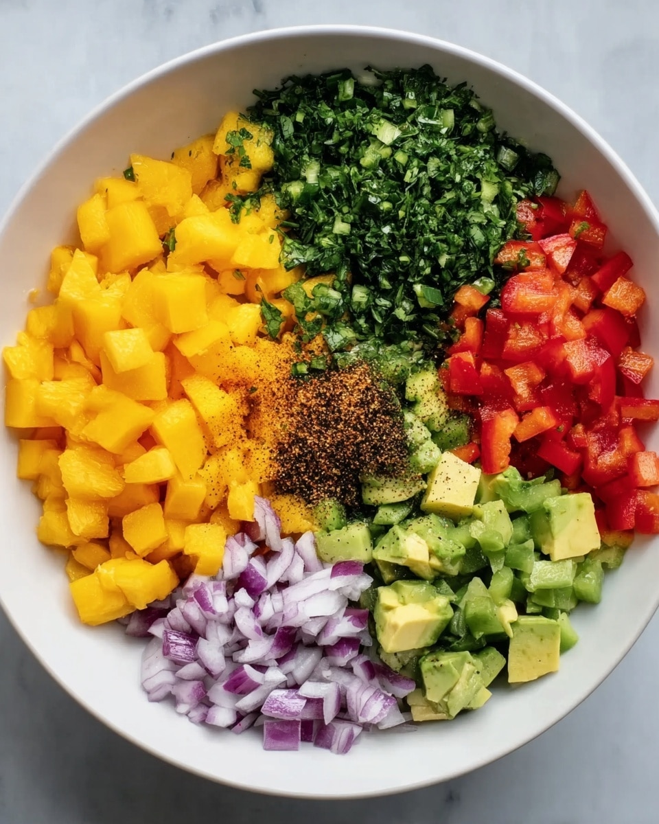 A white bowl filled with six colorful layers of chopped ingredients arranged side by side in a circle: bright green chopped herbs on the top left, orange-yellow diced mango on the top right, finely chopped green bell pepper in the center, red diced bell pepper on the right, cubed avocado pieces on the bottom left, and finely diced purple onion at the bottom. There is a small pile of black and brown spices sprinkled just above the red bell peppers, over the mango layer. The bowl is set on a white marbled surface. Photo taken with an iphone --ar 4:5 --v 7