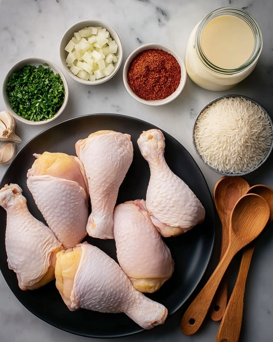 The image shows four raw chicken legs with pale pink skin and a bit of yellow near the ends, arranged in a loose stack on a round dark plate placed on a white marbled surface. Around the plate, there are several small white bowls with different ingredients: chopped green parsley, diced white onion with one half onion piece, a reddish-brown powder, and minced garlic. Additionally, there are three garlic cloves without skins near the bottom left corner. Two small glass jars, one filled with a creamy white liquid and the other with a light yellow broth, sit near the upper right side. To the right of the chicken, there is a small pile of uncooked white rice grains on the surface. Several wooden spoons in varying sizes are scattered around, three together at the bottom right and three crossed near the top left. photo taken with an iphone --ar 4:5 --v 7