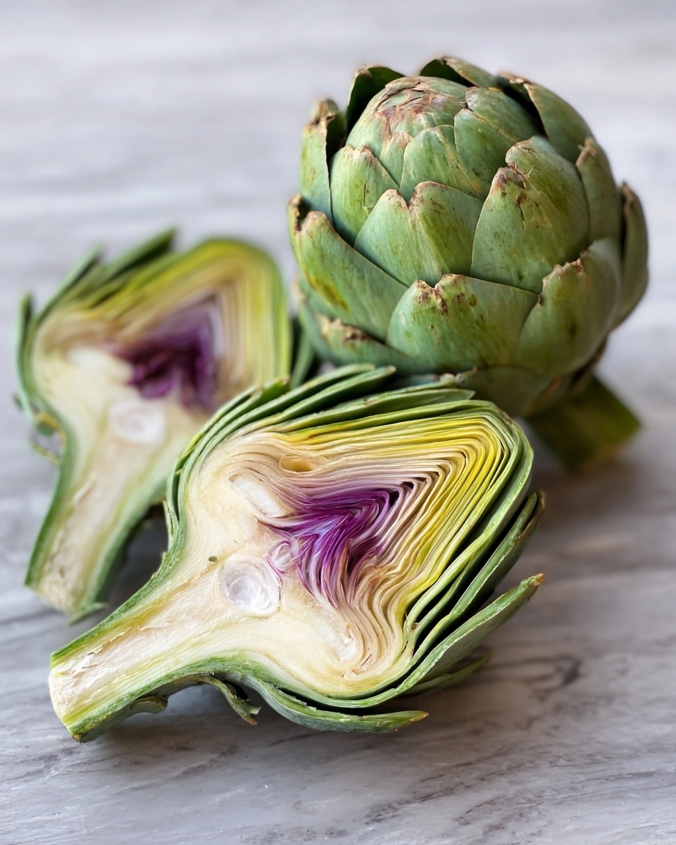 A close-up image shows a whole green artichoke alongside two halves of another artichoke placed on a white marbled surface. The whole artichoke presents thick green outer leaves with some brown tips, sitting to the right. The two halves are positioned in front, revealing many layered leaves inside, starting with dark green outer leaves, moving inward to a gradient of yellow and light green layers. The center of the halves displays a purple heart with soft white fuzzy parts below it. The artichokes' stems extend outward with a pale green color and some texture. Photo taken with an iphone --ar 4:5 --v 7