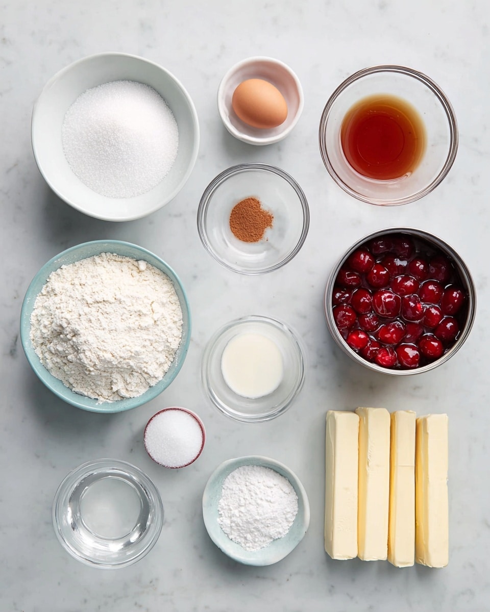 The image shows various baking ingredients neatly arranged on a white marbled surface. There are eleven containers in total: a white bowl filled with sugar at the top left, a small glass bowl with brown liquid next to it, and another small clear bowl with cinnamon. To the right is an open can filled with red cherries in liquid. Below, on the left side, there is a white bowl piled high with flour, beside a small bowl holding an egg, a glass of clear water, a small bowl of salt, and a small bowl of baking powder. Next to these is a small glass with milk. At the bottom right are two sticks of butter alongside a small white bowl full of powdered sugar. All bowls are clear or white except the flour and powdered sugar bowls, which have a pale blue tint. Photo taken with an iphone --ar 4:5 --v 7