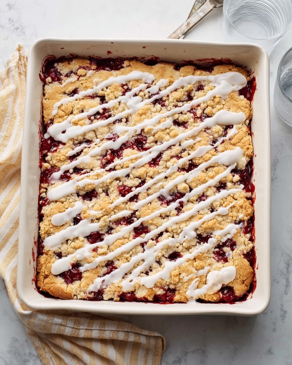 The image shows a rectangular white baking dish filled with a cherry crumb bar. The bottom layer is a golden crust, topped with bright red cherry filling that has a shiny, slightly chunky texture. On top, there are uneven, crumbly golden pieces of streusel scattered across, with white icing drizzled loosely over the entire surface in thin and thick lines. The baking dish is sitting on a white marbled surface with a striped beige and white cloth nearby, along with two clear drinking glasses. Photo taken with an iphone --ar 4:5 --v 7