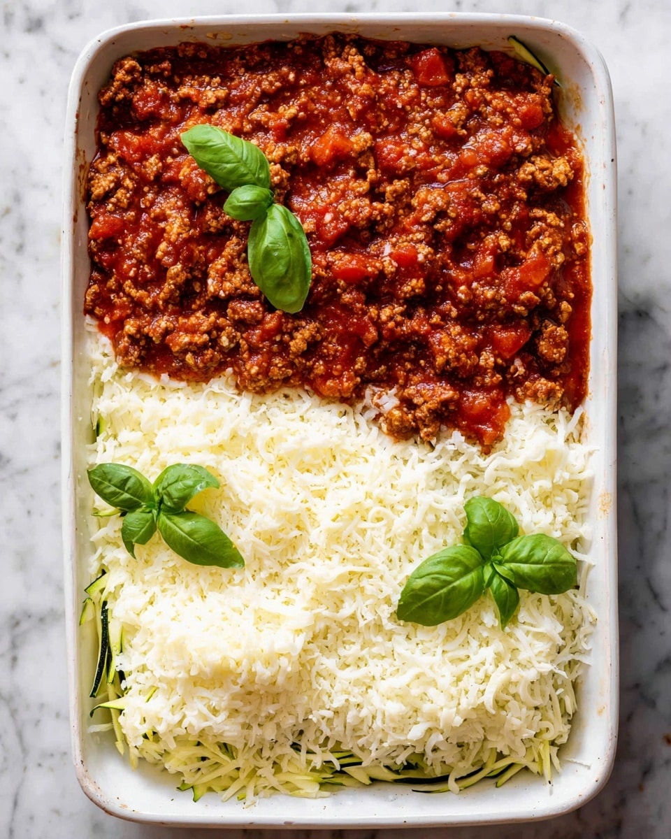 The image shows a rectangular white baking dish filled with layers of food on a white marbled surface. The bottom layer is thin slices of green zucchini, mostly covered by a thick layer of shredded white cheese that takes up the whole dish. On top of the cheese, rich red tomato meat sauce with chunks of ground meat and small bits of vegetables covers the left half of the dish. Two fresh green basil leaves rest on the right side, on the cheese layer without the sauce. The edges of the dish show hints of the layers underneath. Photo taken with an iphone --ar 4:5 --v 7