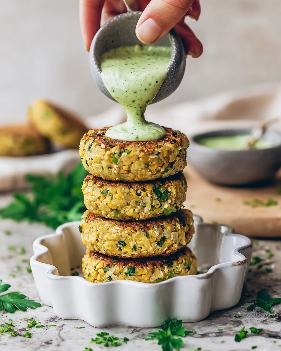 A stack of four round, golden-brown veggie patties with visible green herb pieces is placed inside a white dish with a wavy edge. A woman's hand is pouring a thick, pale green sauce from a small gray bowl onto the top patty. Fresh green parsley leaves are scattered around the dish, and the scene is set against a white marbled surface with a blurred background. photo taken with an iphone --ar 4:5 --v 7