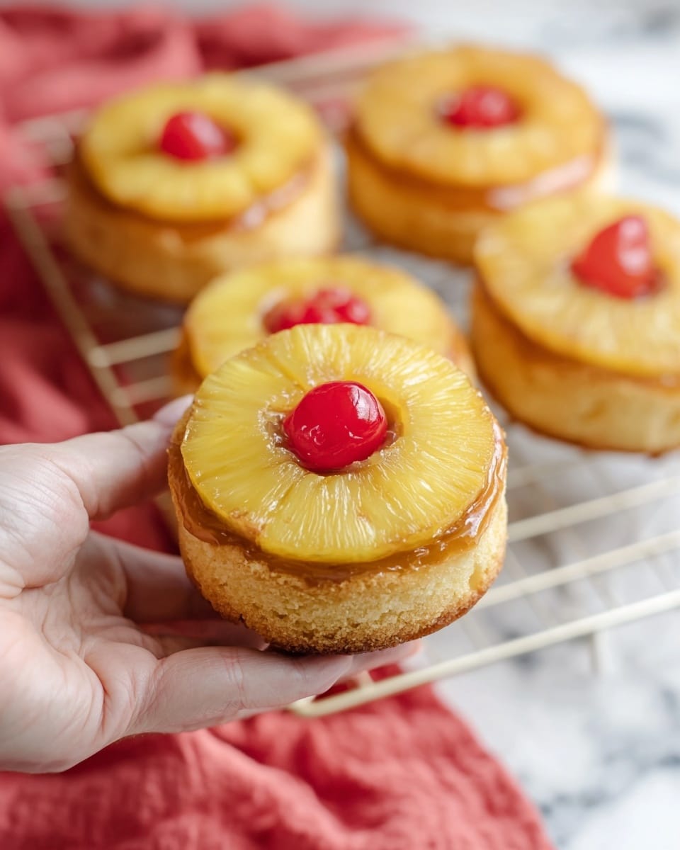 A woman's hand holds a small round cake showing three main layers: the base is a light golden yellow sponge cake with a soft texture, topped with a shiny caramel-colored layer, and finally a large bright yellow pineapple ring with visible fibrous texture sits on top, centered by a glossy red cherry. In the background, several similar cakes rest on a white metal cooling rack over a white marbled surface with a soft red cloth nearby. The lighting highlights the tropical, fresh look of the cakes. photo taken with an iphone --ar 4:5 --v 7