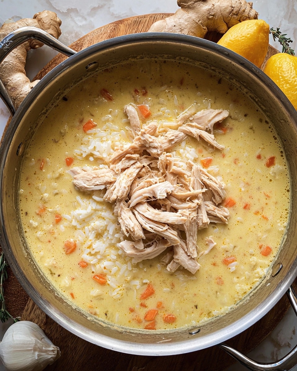A large pot filled with a thick, creamy soup base that is pale yellow with small pieces of orange carrot and white rice mixed in. On top of the soup, there is a generous pile of shredded light brown cooked chicken layered in the center. Around the pot, there are garlic cloves, ginger root, and a lemon partially visible on a white marbled surface. The colors are warm and inviting, with a rustic wooden table beneath the pot and metal pot handles visible on each side. Photo taken with an iphone --ar 4:5 --v 7