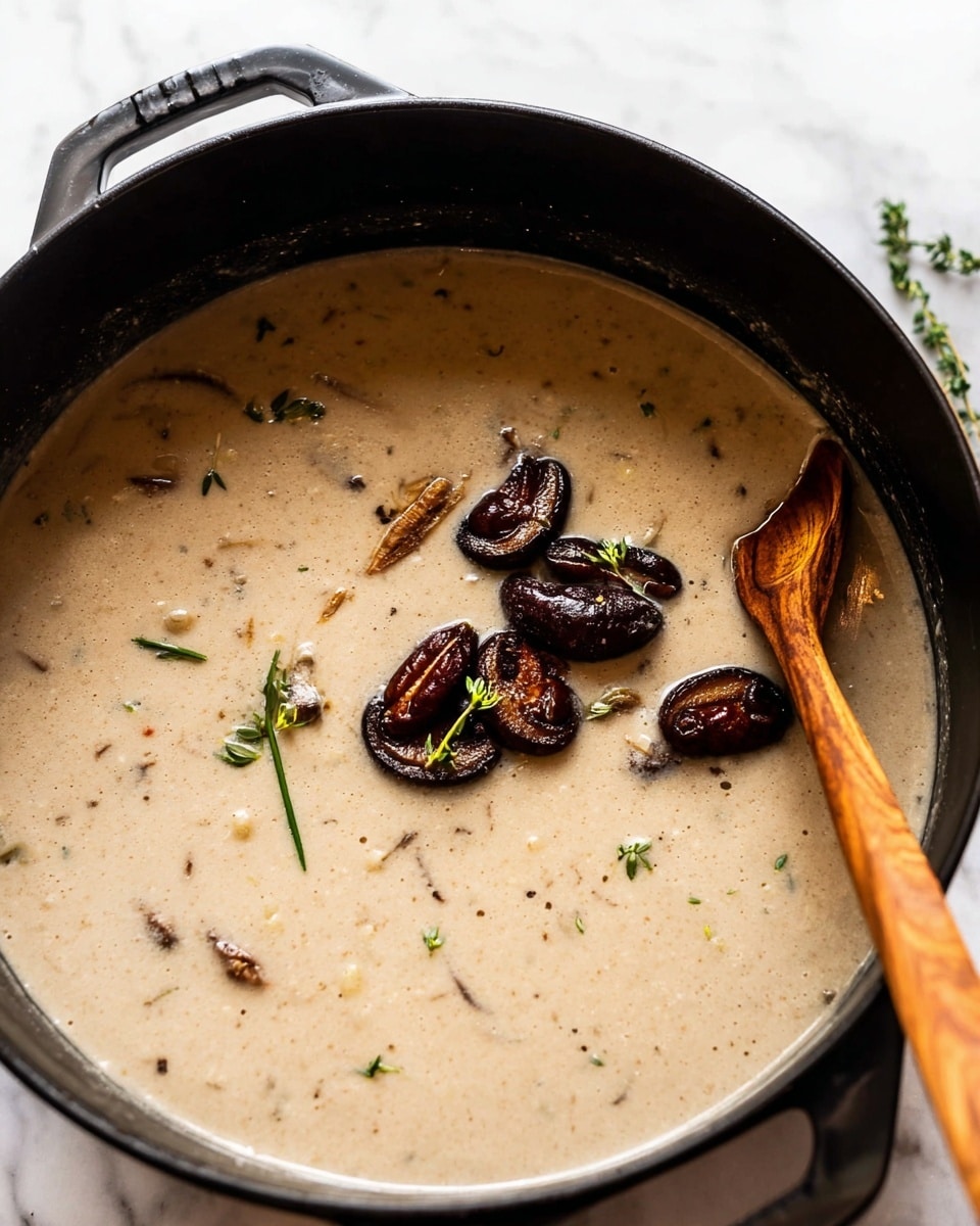 A black cast iron pot filled with creamy, light brown mushroom soup showing a smooth texture with small bits and herbs floating on the surface. In the center, several dark brown, cooked mushroom pieces rest on top, with a few small green herb sprigs scattered around. A wooden spoon with a darker tip is partially submerged on the right side of the pot, stirring the soup against a white marbled surface background. Photo taken with an iphone --ar 4:5 --v 7