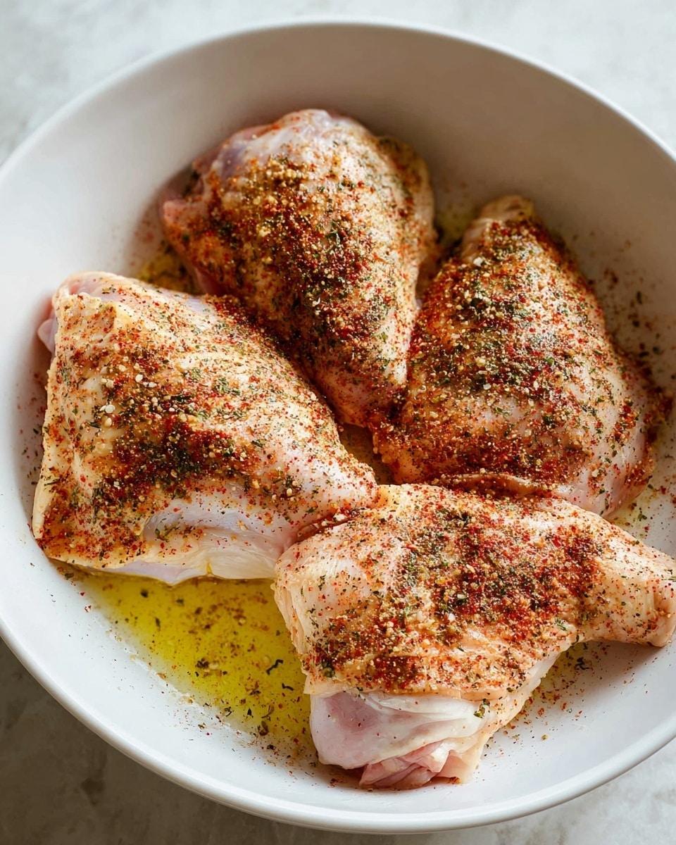 Four pieces of raw chicken with skin are placed inside a white bowl. The chicken pieces are sprinkled with a mix of spices that look red, black, and green, creating a colorful speckled texture on the pale surface of the chicken. The bowl has some light yellow oil at the bottom, giving a slight shine to the chicken. The background shows a white marbled surface that adds a soft contrast. photo taken with an iphone --ar 4:5 --v 7