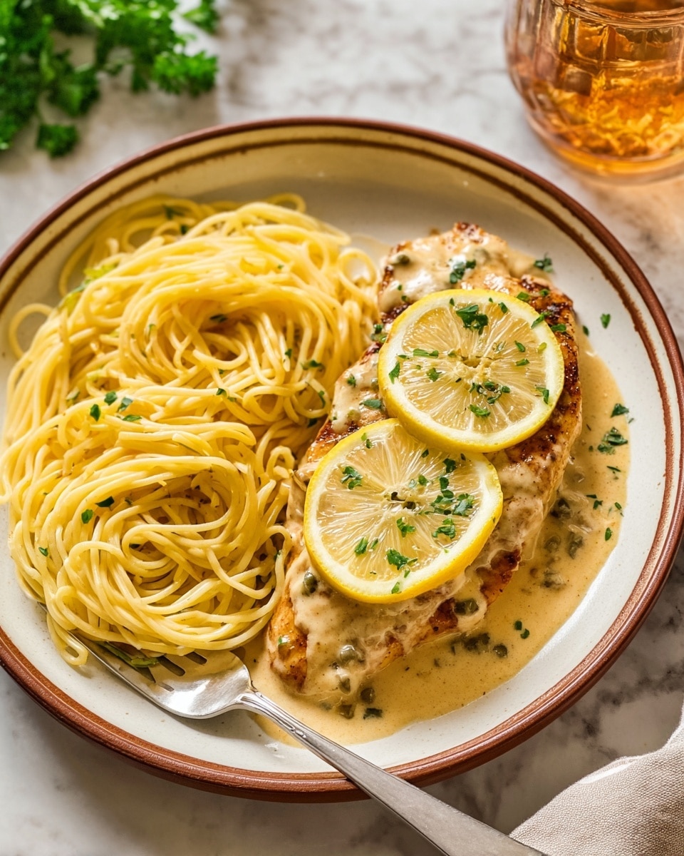 A white plate with a brown rim holds a meal of two main parts: on the left, a neat pile of yellow cooked spaghetti with a smooth texture, and on the right, a piece of light brown grilled chicken covered in a creamy, tan sauce. The sauce pools underneath the chicken, creating a slightly shiny base. On top of the chicken are three small, bright yellow lemon slices and sprinkled green herbs adding color contrast. A silver fork rests on the plate’s edge near the spaghetti. The whole scene sits on a white marbled surface with a glass of amber liquid and green parsley partially visible in the background. photo taken with an iphone --ar 4:5 --v 7