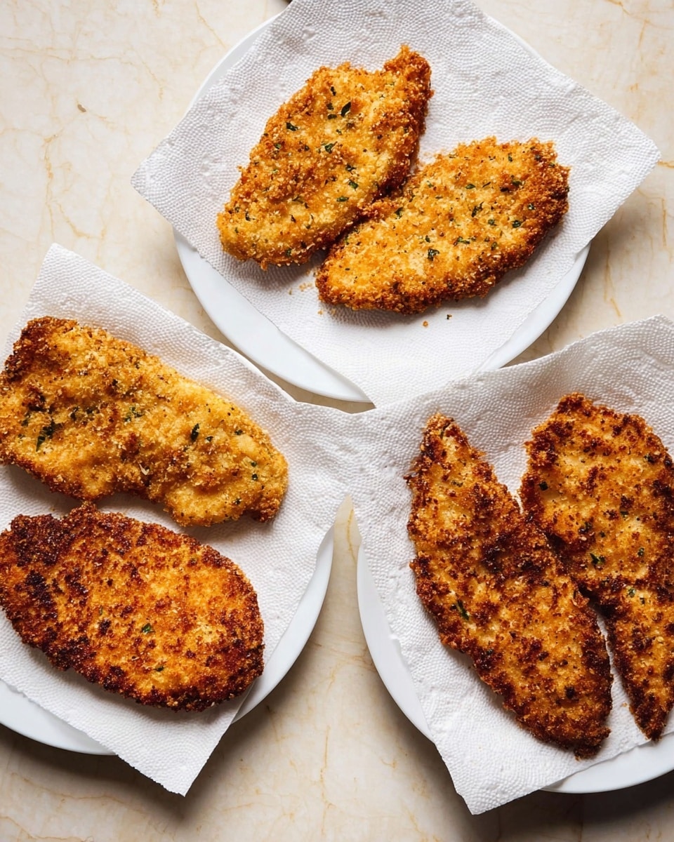 There are four pieces of breaded and fried food laid out on two white plates, each with two pieces on paper towels. The fried pieces have a rough, golden brown texture with small green specks, showing a crispy and crunchy surface. The pieces have irregular oval and elongated shapes with some darker browned edges. The plates are set on a surface with a white marbled texture. The photo taken with an iphone --ar 4:5 --v 7