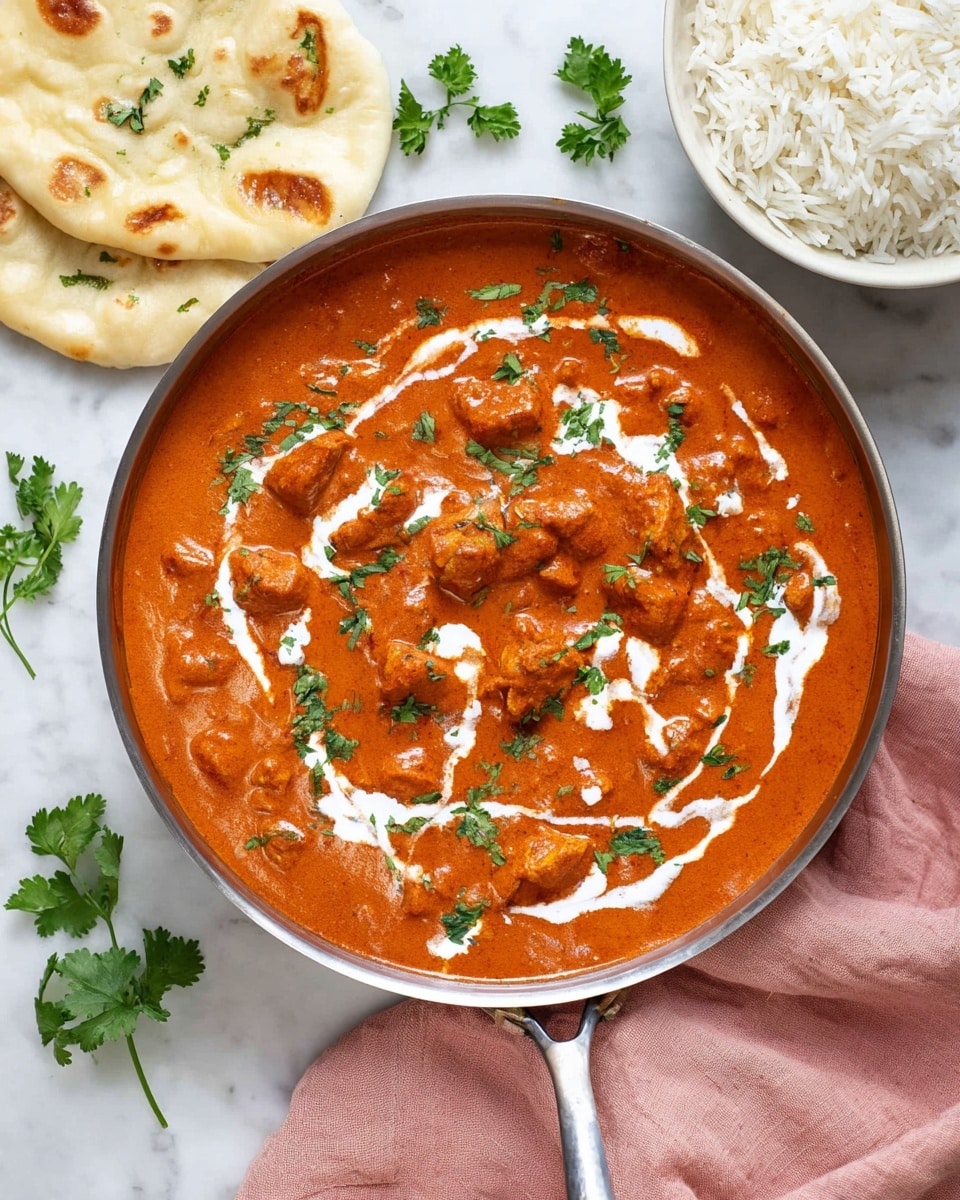A shiny silver pan holds a thick orange-red curry with many small, tender chunks of meat evenly mixed inside. Swirls of white cream are drizzled on top, creating a loose pattern, and bright green parsley leaves are scattered as fresh garnish across the curry. To the upper right, a white bowl filled with fluffy white rice is partly shown. On the upper left side, two pieces of soft, light golden naan bread rest casually on the white marbled surface. Some extra parsley leaves lie on the surface nearby, and a soft pink cloth is partially visible beneath the pan's handle. photo taken with an iphone --ar 4:5 --v 7