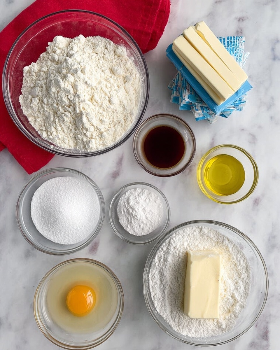 The image shows several clear glass bowls with different baking ingredients placed on a white marbled surface. The biggest bowl at the top left has a white flour mixture with a rough texture. To its right, three smaller bowls are arranged vertically: the top one holds a dark brown liquid, the middle one has a light yellow oil, and the bottom one contains a white powder. Below these, there is a medium bowl filled with white powdered sugar next to a bowl of granulated white sugar on the left. At the bottom left, a smaller bowl contains a raw egg with a clear egg white and bright yellow yolk. To the right of the powdered sugar, two sticks of butter wrapped in blue and white paper are stacked. A bright red cloth is partially visible at the top edge. Photo taken with an iphone --ar 4:5 --v 7