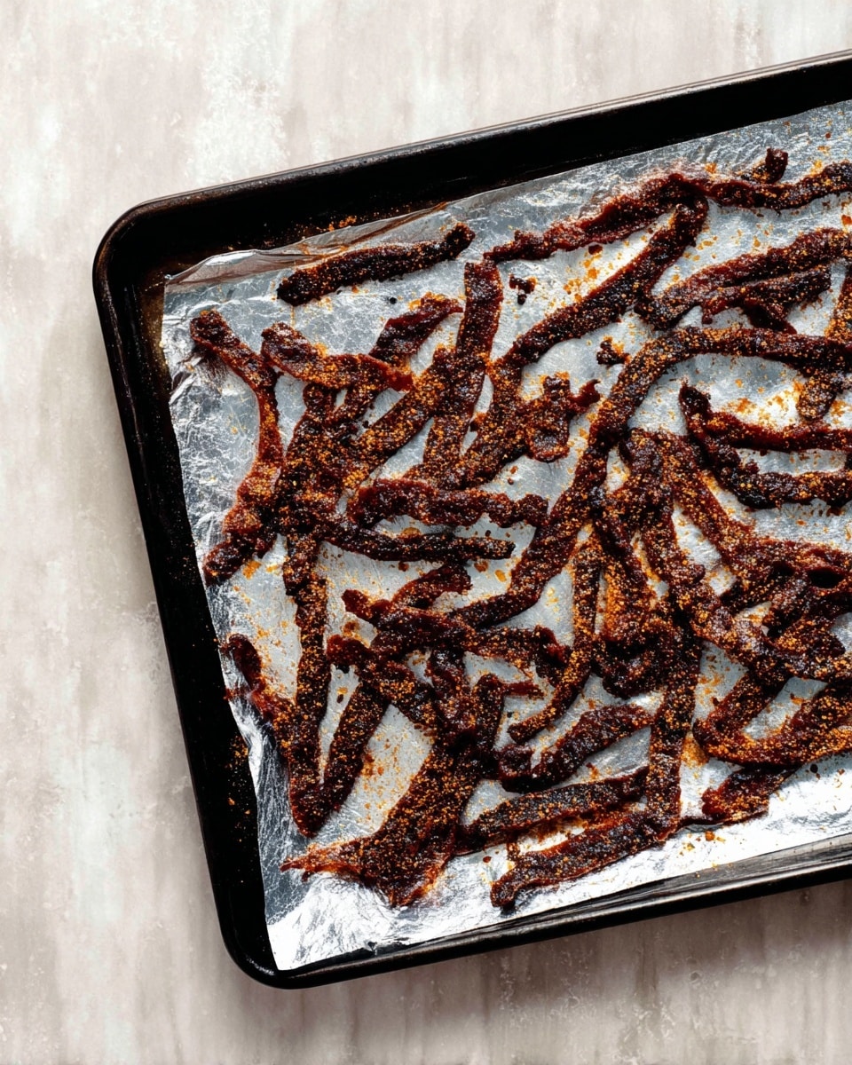 A black baking tray lined with silver foil holds many thin strips of cooked meat spread across it. The meat strips are dark brown, almost black in places, showing a crispy texture with some burnt spots. The foil lining has scattered small bits of seasoning and tiny burnt crumbs around the meat. The tray rests on a white marbled surface. photo taken with an iphone --ar 4:5 --v 7