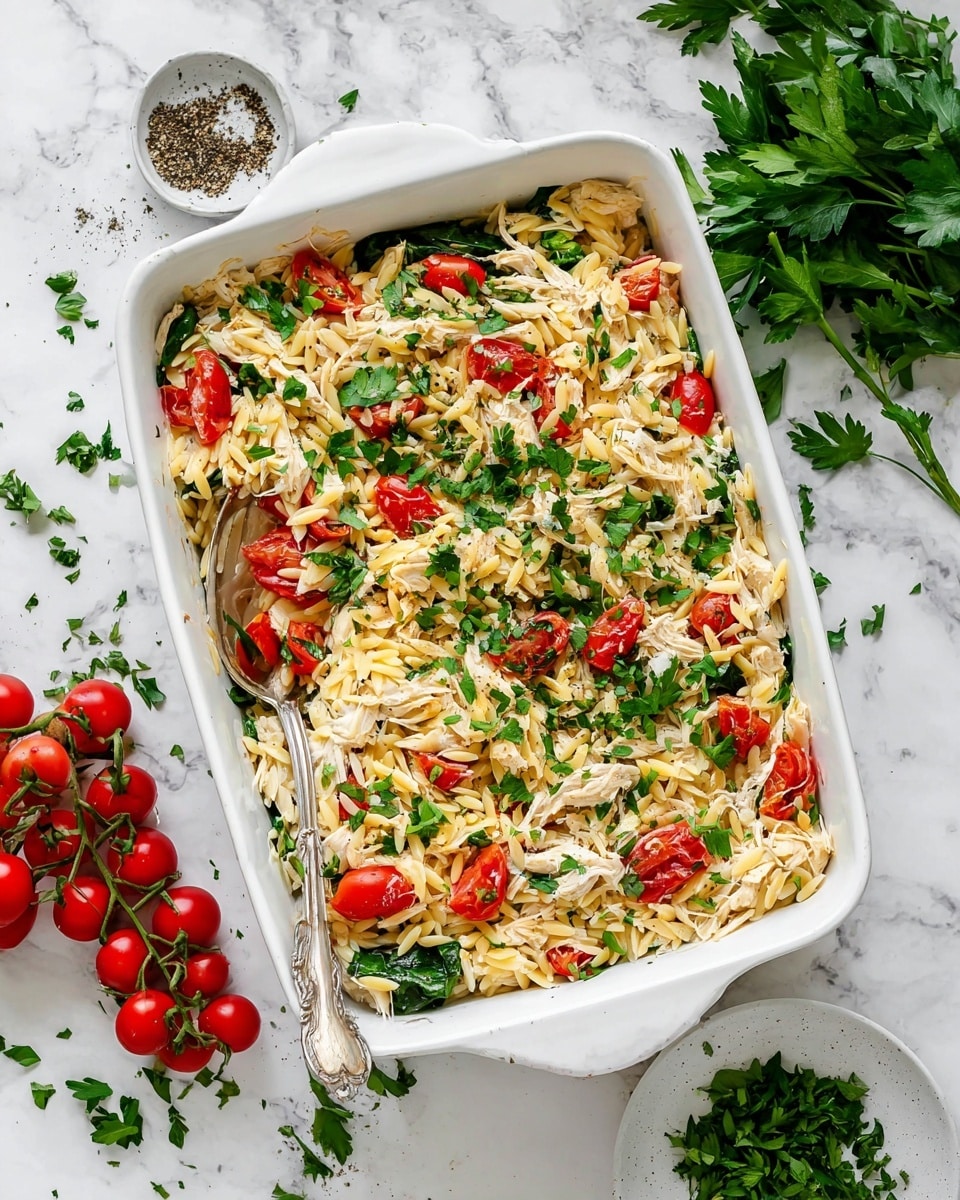 The dish is a white rectangular casserole filled with a creamy mixture of light beige orzo pasta, shredded white chicken pieces, bright red roasted cherry tomatoes, and dark green fresh spinach leaves, all topped with chopped green parsley. The orzo pasta forms the main body with a soft, slightly saucy texture, and cherry tomatoes add vibrant bursts of color spread evenly across the surface. A silver fork is scooping a portion from the right side of the casserole, showing a close-up of the mix. The casserole sits on a white marbled surface with some loose parsley and tomatoes nearby. photo taken with an iphone --ar 4:5 --v 7