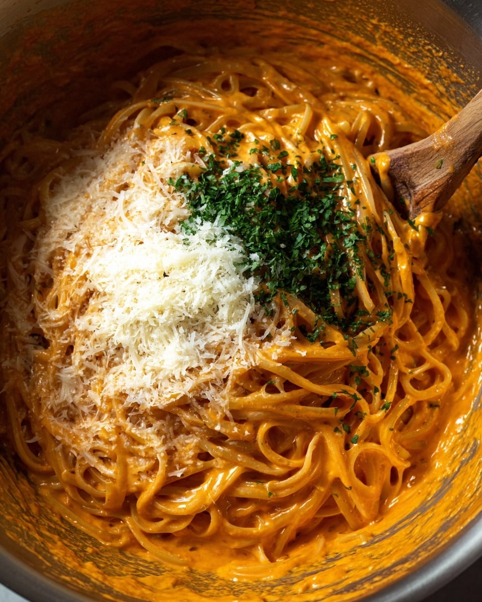 A metal bowl holds one thick layer of cooked pasta coated in a smooth, orange sauce. On top, there is a thick white layer of grated cheese and a smaller layer of finely chopped green herbs, both sitting side by side. A wooden spoon rests in the bowl, partially covered by pasta strands that look shiny and soft. The inside edges of the bowl are smeared with some of the orange sauce, giving it a messy but fresh look. photo taken with an iphone --ar 4:5 --v 7