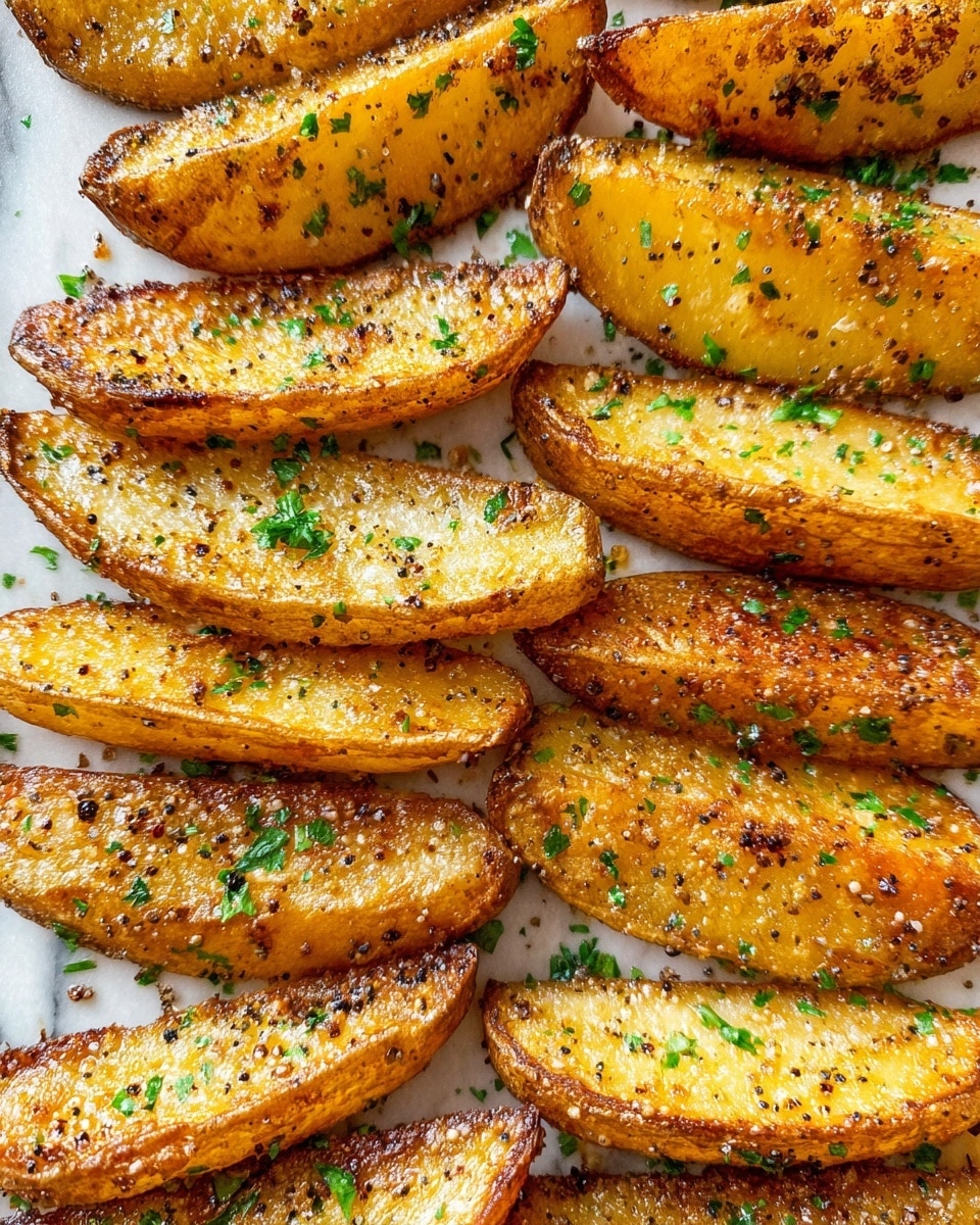 The image shows a close-up of golden brown potato wedges arranged neatly in rows on a white marbled surface. Each wedge has a crispy, slightly rough texture with a mix of light golden and darker brown spots from roasting. The edges of the wedges look crunchy and are coated with small black pepper flakes and tiny green parsley bits evenly spread over the whole dish. Light oil glistens on the surface, giving the wedges a shiny and appetizing look. photo taken with an iphone --ar 4:5 --v 7