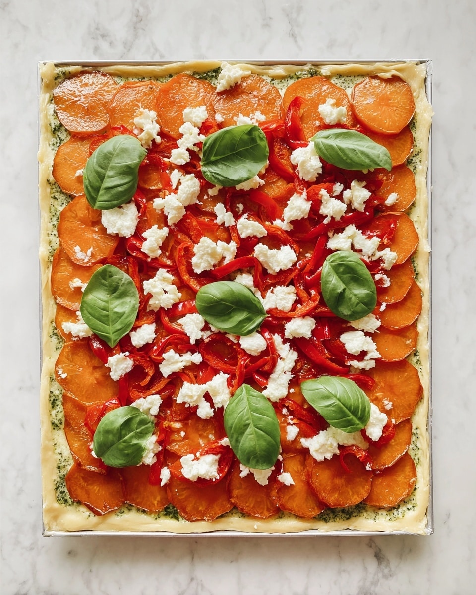 The image shows a square flat dish on a white marbled surface with four main layers. The bottom layer is a thin, pale dough. On top of this is a border of green sauce spread evenly close to the edges. The third layer consists of overlapping thin orange slices arranged in a neat pattern covering most of the dough. The fourth layer is scattered strips of bright red roasted peppers. Over these are small chunks of white cheese spread out unevenly. Finally, there are four fresh, green basil leaves placed on top, spaced evenly across the dish. Photo taken with an iphone --ar 4:5 --v 7