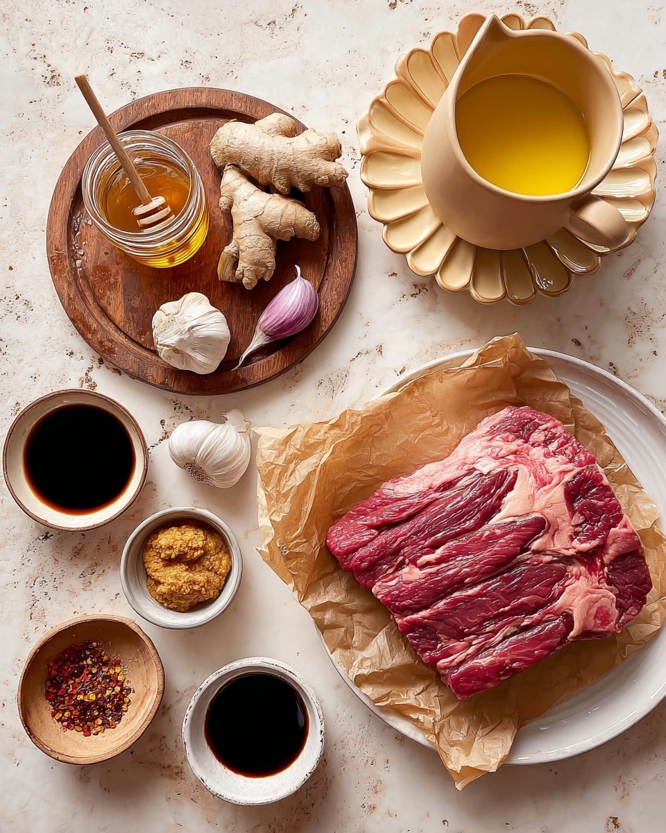 The image shows a top view of fresh ingredients arranged neatly on a white marbled surface. On the right side, there is a large piece of raw red meat with white fat marbling, placed on crumpled light brown parchment paper on a white plate. To the upper right, there is a beige ceramic pitcher with yellow liquid, sitting on a scalloped brown saucer. On the upper left, a round wooden board holds a small glass jar of honey with a wooden dipper, fresh light brown ginger root, and a small bowl of light brown paste. Below the board, there is a small white bowl with dried chili flakes, a small white ceramic cup with dark soy sauce, and a light brown bowl containing a purple garlic bulb and peeled garlic cloves. The whole setup is balanced and well lit. photo taken with an iphone --ar 4:5 --v 7