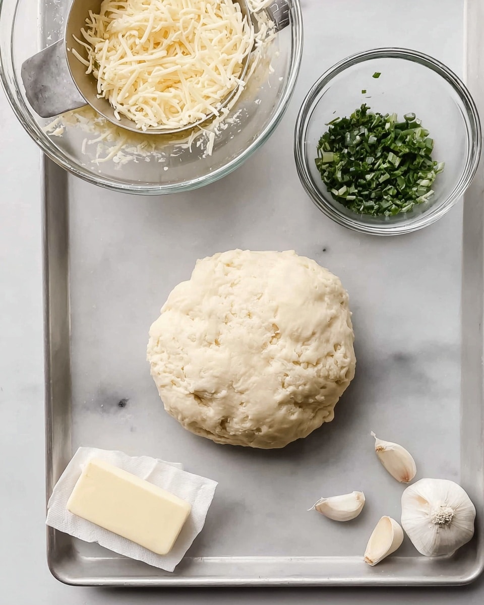 A clear glass bowl sits near the top center of the image, holding a round ball of pale dough with a soft, slightly uneven texture. To the left, a silver measuring cup is filled with shredded light yellow cheese, next to a small clear bowl containing chopped green herbs. Below the dough, a half stick of light yellow butter wrapped in white paper rests on the tray. Three whole garlic cloves with their papery skins lay scattered near the bottom right corner. All items are placed on a gray metal tray, which sits on a white marbled surface. Photo taken with an iphone --ar 4:5 --v 7