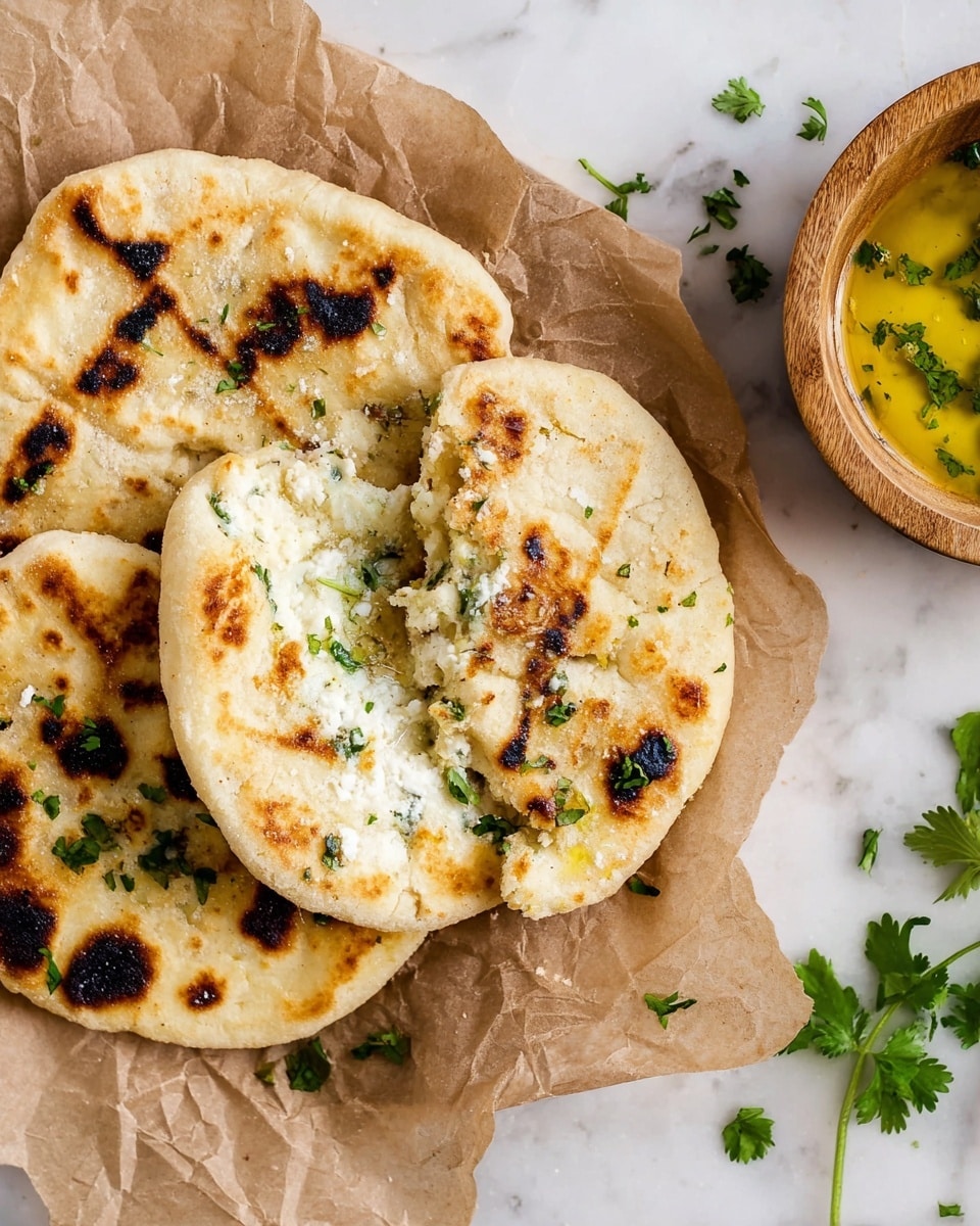 The image shows three round flatbreads with light golden and slightly charred spots on their surface, stacked casually on a piece of brown parchment paper. The top flatbread is broken open to reveal a soft, creamy white cheese filling inside. Small green parsley leaves are scattered over the flatbreads and the parchment, adding color contrast. To the right edge, a wooden bowl with a yellow-green liquid and herbs is partially visible on the white marbled surface. A few parsley leaves also lie loosely on the marbled surface near the bowl and flatbreads. The overall look is warm and rustic. photo taken with an iphone --ar 4:5 --v 7