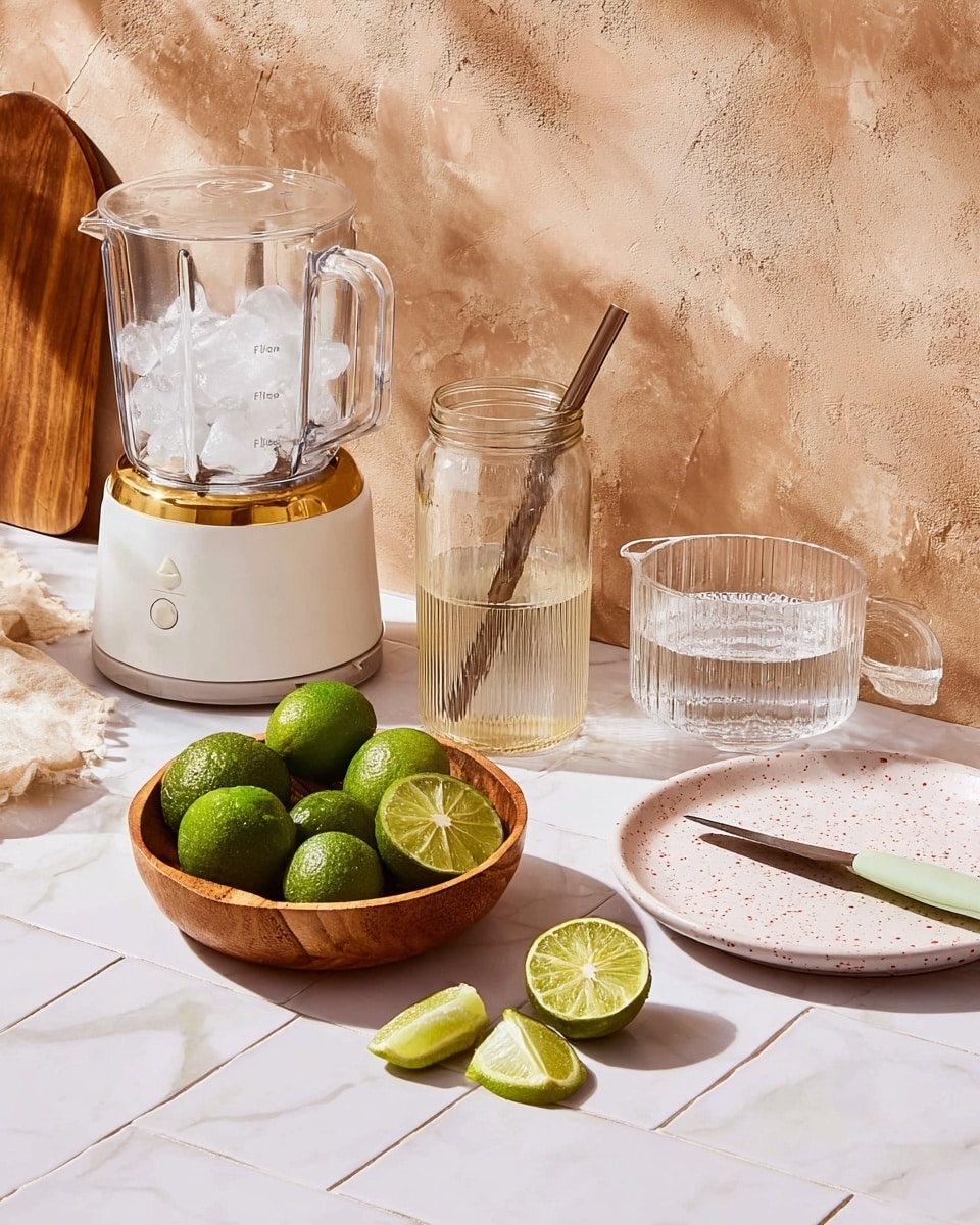 The image shows a kitchen scene with a white blender on the left and a clear ice bucket with a gold rim next to it filled with ice cubes. In front of the ice bucket is a clear glass jar with a dark straw and a beige liquid inside. To the right, there is a clear measuring cup with water on a white plate with pink speckles. In the front center, there is a wooden bowl filled with six whole green limes. Several lime wedges are scattered on the white tiled surface, along with a small knife with a light green handle. The background is a warm beige textured wall, and the surface is a white marbled texture photo taken with an iphone --ar 4:5 --v 7