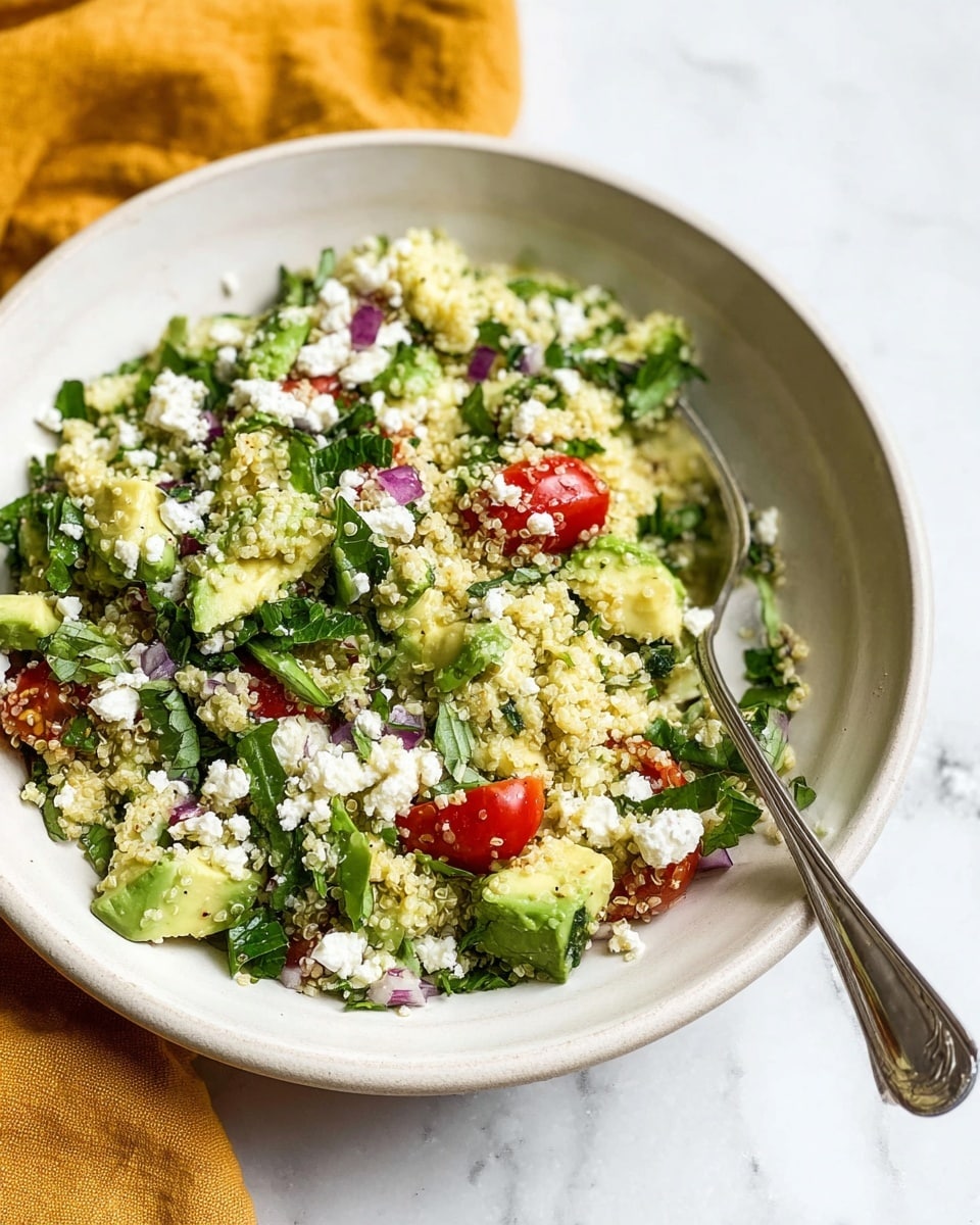A light salad served in a white bowl with a smooth, slightly speckled texture, sitting on a white marbled surface and accompanied by a mustard yellow cloth. The salad has three main layers: a base of fluffy pale yellow quinoa grains, mixed with bright green avocado chunks and chopped fresh leafy herbs, scattered with small red cherry tomato halves and bits of purple onion. The top layer is dotted with white crumbled cheese, giving a crumbly texture contrast. A silver spoon rests inside the bowl. photo taken with an iphone --ar 4:5 --v 7
