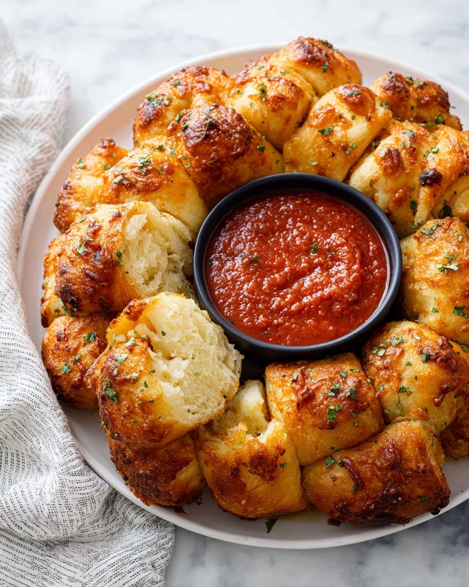 A white plate holds a round pull-apart bread wreath made of many golden-brown, shiny, baked dough pieces with a slightly crispy texture and small green herb sprinkles on top; the inner side of the wreath shows soft, fluffy dough layers with a light yellow color. In the center of the wreath is a small black bowl filled with thick red marinara sauce that has a textured surface. The plate is placed on a white marbled surface with a white and gray cloth partially visible on the left side. photo taken with an iphone --ar 4:5 --v 7