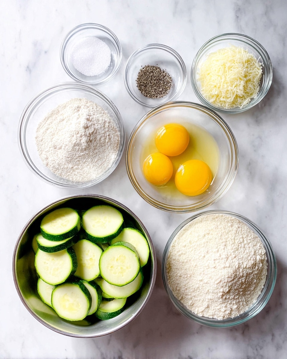A top-down view of cooking ingredients laid out on a white marbled surface. In the lower left, a silver bowl holds round, pale green zucchini slices with a firm texture. Above it, a clear glass bowl contains two whole cracked eggs with bright yellow yolks and clear whites. Surrounding these are five small clear glass bowls arranged in an arc: coarse white salt in the top, black pepper below it, fine white flour bowl to the left, finely grated pale yellow cheese bowl to the right, and a larger bowl filled with white breadcrumbs at the top right. The image is bright and well-lit, with clean and fresh visual detail photo taken with an iphone --ar 4:5 --v 7