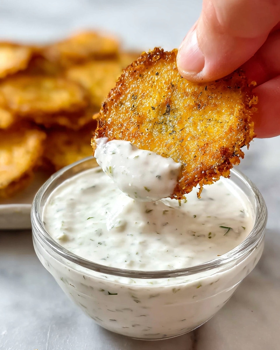 A close-up image shows a woman's hand holding a round, golden-brown fried chip that is partly dipped into a small clear glass bowl filled with thick, creamy white sauce speckled with green herbs. The chip has a crispy, slightly rough texture with darker brown spots around the edges. The bowl sits on a white marbled surface, and in the blurred background, more fried chips can be seen. photo taken with an iphone --ar 4:5 --v 7