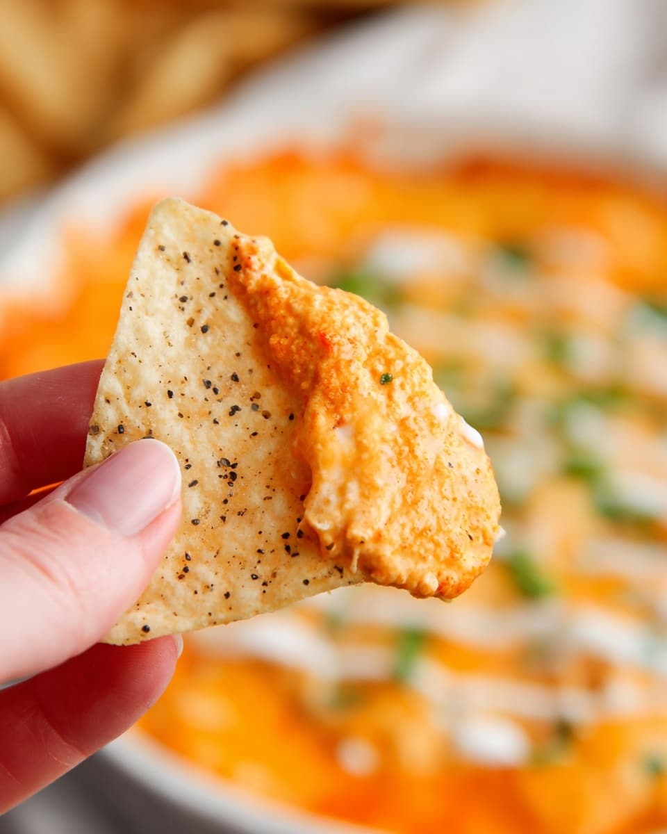 A close-up image of a woman's hand holding a single, triangular beige tortilla chip speckled with black seasoning. The chip has a thick layer of melted orange cheese spread on one edge, showing creamy and slightly stringy texture. The background is softly blurred but appears to be a white bowl filled with an orange dip topped with white drizzle and green garnish, all set on a white marbled surface. Photo taken with an iphone --ar 4:5 --v 7