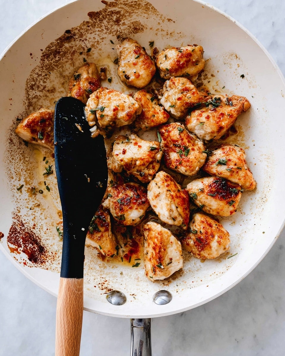 A white frying pan contains about fifteen small, browned pieces of cooked chicken, with each piece showing a crispy golden-brown surface and some green herb bits. A black spatula with a wooden handle is lifting two chicken pieces, revealing the textured cooked surface beneath. The pan has some dark brown cooking marks and oil stains around the chicken pieces. The background is a white marbled surface. Photo taken with an iphone --ar 4:5 --v 7
