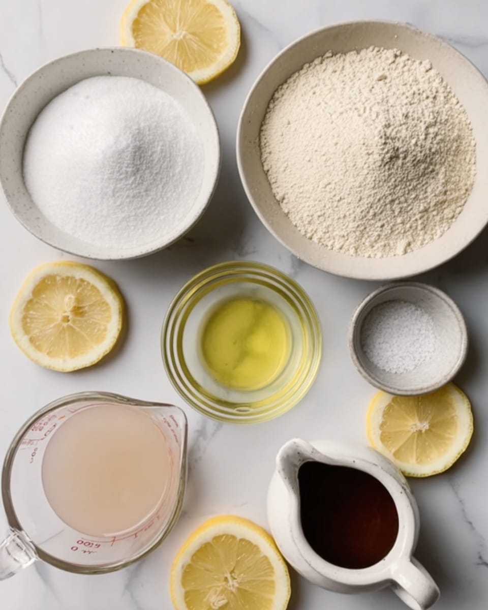 The image shows a top view of various baking ingredients arranged neatly on a white marbled surface. There are six bowls: a large white bowl filled with flour at the top right, a medium white bowl with sugar below it on the left, a small white bowl with salt in the middle right, a clear glass bowl with a yellow liquid near the bottom right, and a small white pitcher with a dark brown liquid at the bottom center. Surrounding these bowls are fresh lemon slices placed around the edges. A clear measuring cup filled with a pale pink liquid is visible in the bottom left corner. The overall look is clean and organized, highlighting the textures and colors of the ingredients clearly. Photo taken with an iphone --ar 4:5 --v 7