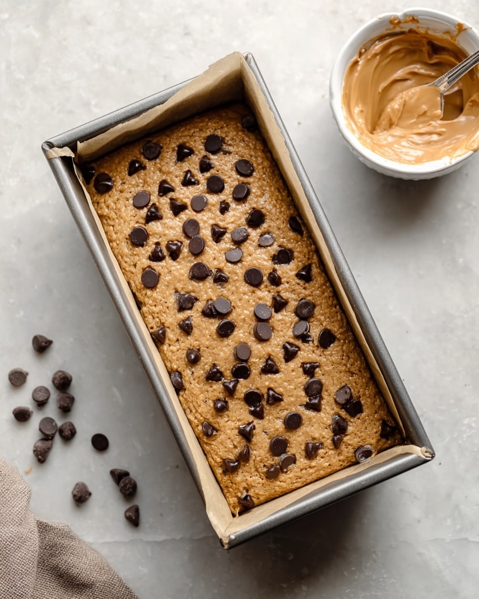 A rectangular metal loaf pan lined with parchment paper holds a thick, light brown batter spread evenly inside. The top layer features scattered dark chocolate chips embedded into the batter, creating a rough textured surface with small round and slightly shiny black shapes. The pan sits on a white marbled surface, with a small white bowl on the upper right containing a tan, smooth creamy mixture and a spoon resting inside. Some chocolate chips are loose on the surface to the lower left side. The lighting is soft and natural, highlighting the batter’s grainy texture and the chocolate chips’ matte finish. Photo taken with an iphone --ar 4:5 --v 7