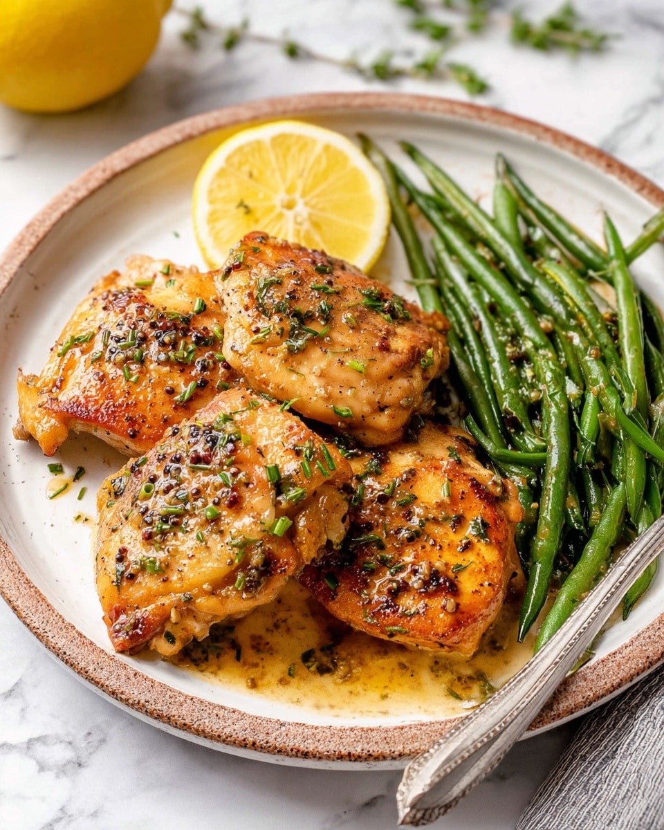 A white plate with a rough brown edge holds three pieces of golden brown cooked chicken thighs in the center, covered with small green herb bits and visible coarse black pepper and mustard seeds. To the right side of the chicken, there is a small pile of shiny green beans with some herbs and sauce, topped with a thin round slice of lemon. Part of a silver fork rests on the plate near the green beans. The plate is on a white marbled surface with a yellow lemon and small green garnish visible in the background. Photo taken with an iphone --ar 4:5 --v 7