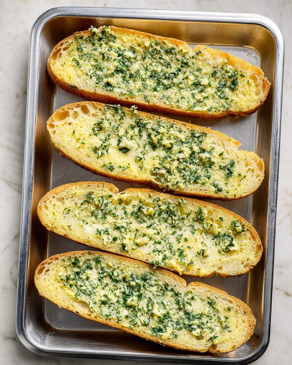 The image shows four long slices of toasted bread placed side by side on a silver metal tray. Each slice is covered with a layer of green herb butter spread evenly, with small bits of herbs visible throughout the light yellow butter. The bread edges are lightly browned, giving a crispy texture to the outer crust, while the inside remains soft and moist from the butter mixture. The tray lies on a white marbled surface. photo taken with an iphone --ar 4:5 --v 7