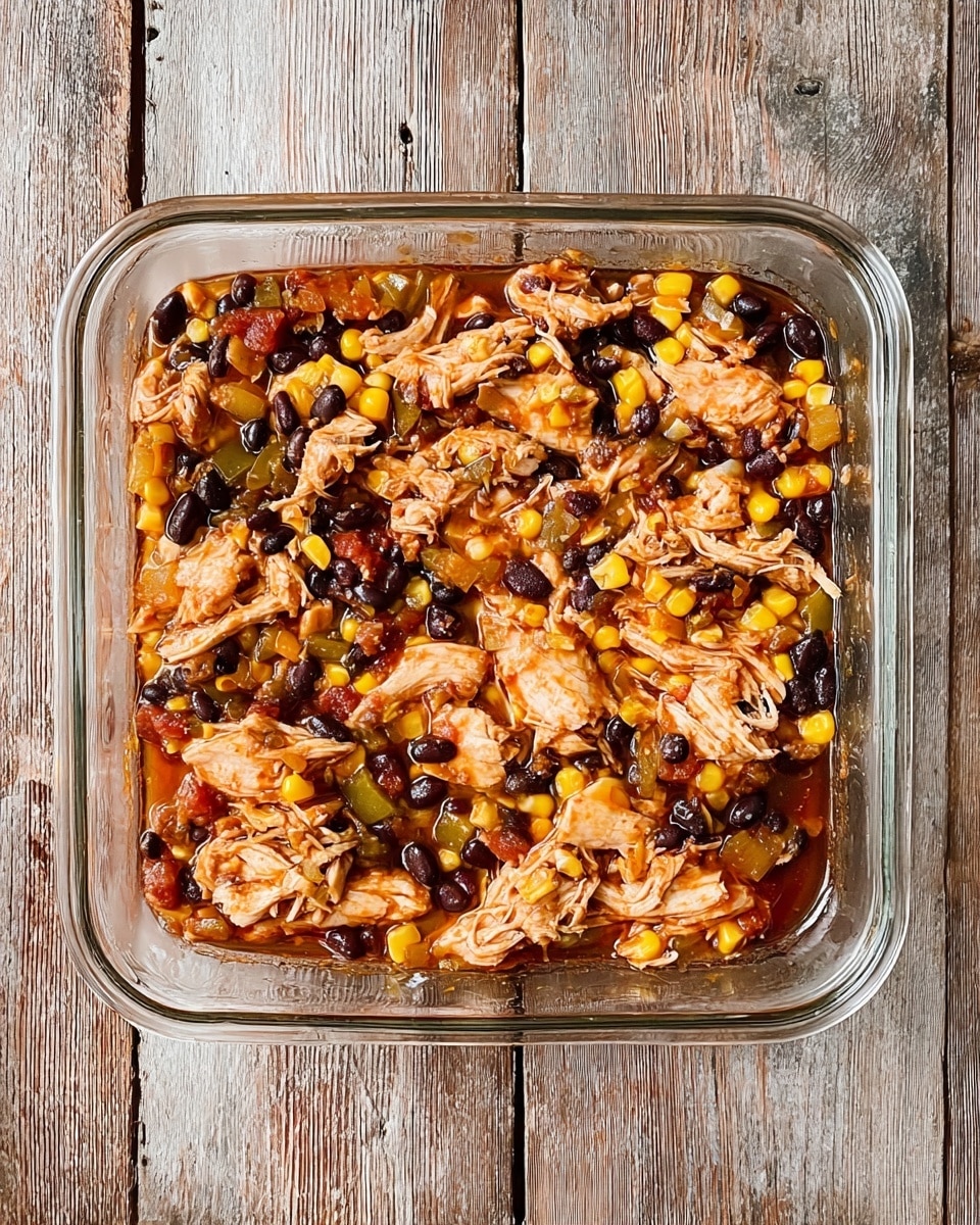 A clear glass square baking dish lies flat on a rustic wooden surface, holding a mixture of shredded pale pink chicken chunks, bright yellow corn kernels, small black beans, and bits of green pepper in a thin reddish-brown sauce. The ingredients are evenly spread inside the dish, with the chicken pieces appearing moist and tender, surrounded by vibrant layers of beans, corn, and peppers, all soaked in the sauce. photo taken with an iphone --ar 4:5 --v 7